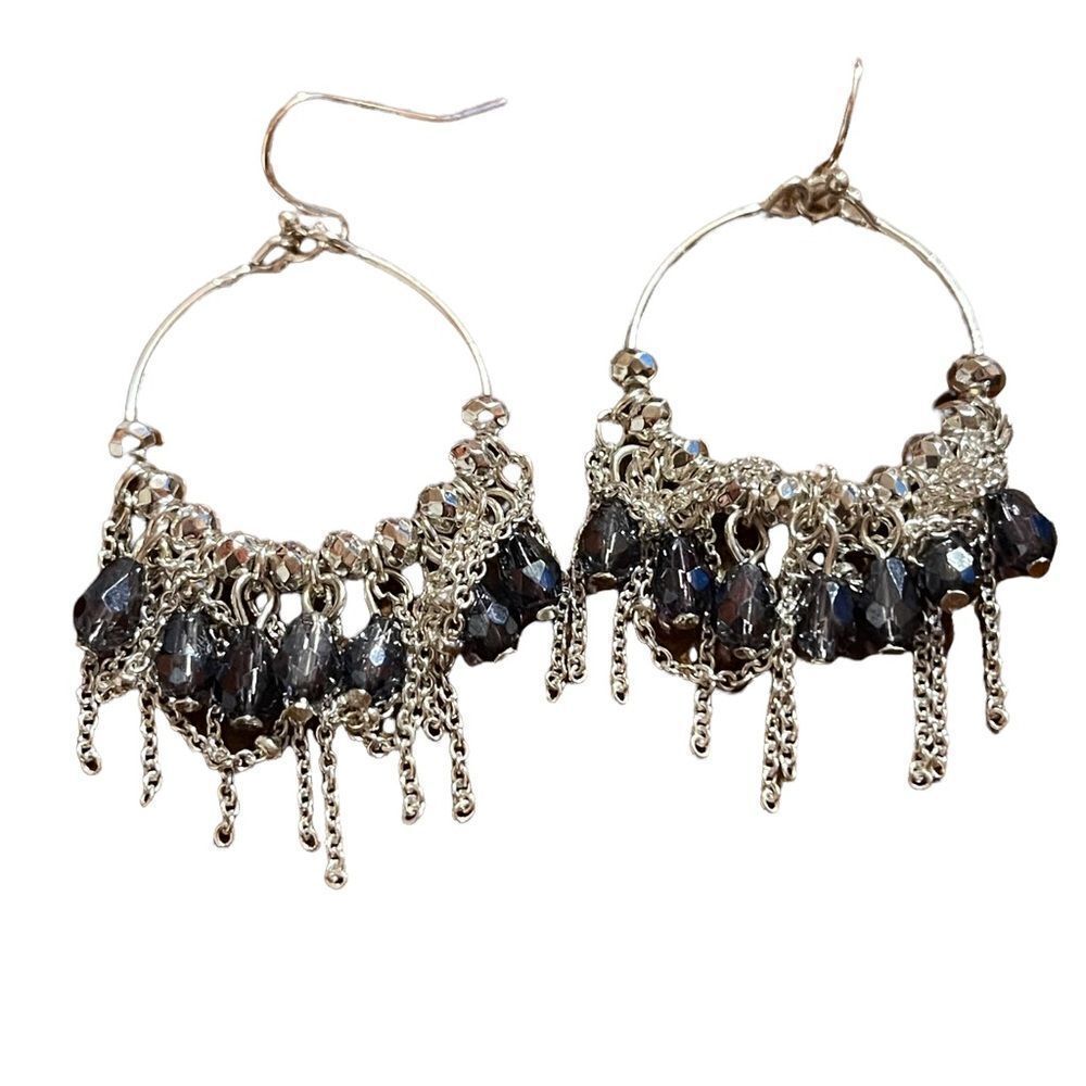 NWOB hoop earrings with blue/gray beads and silver chains and beads.